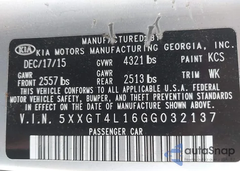 2016 Kia Optima Lx Turbo из США, поврежденный, VIN 5XXGT4L16GG032137